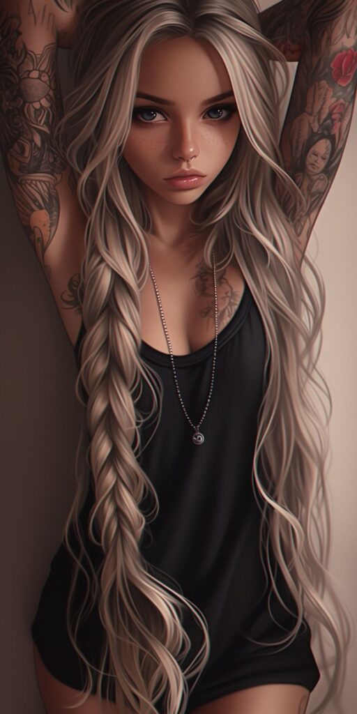 Illustrated woman with long braided hair, tattoos, and a pendant necklace in a black top, posing with arms up.