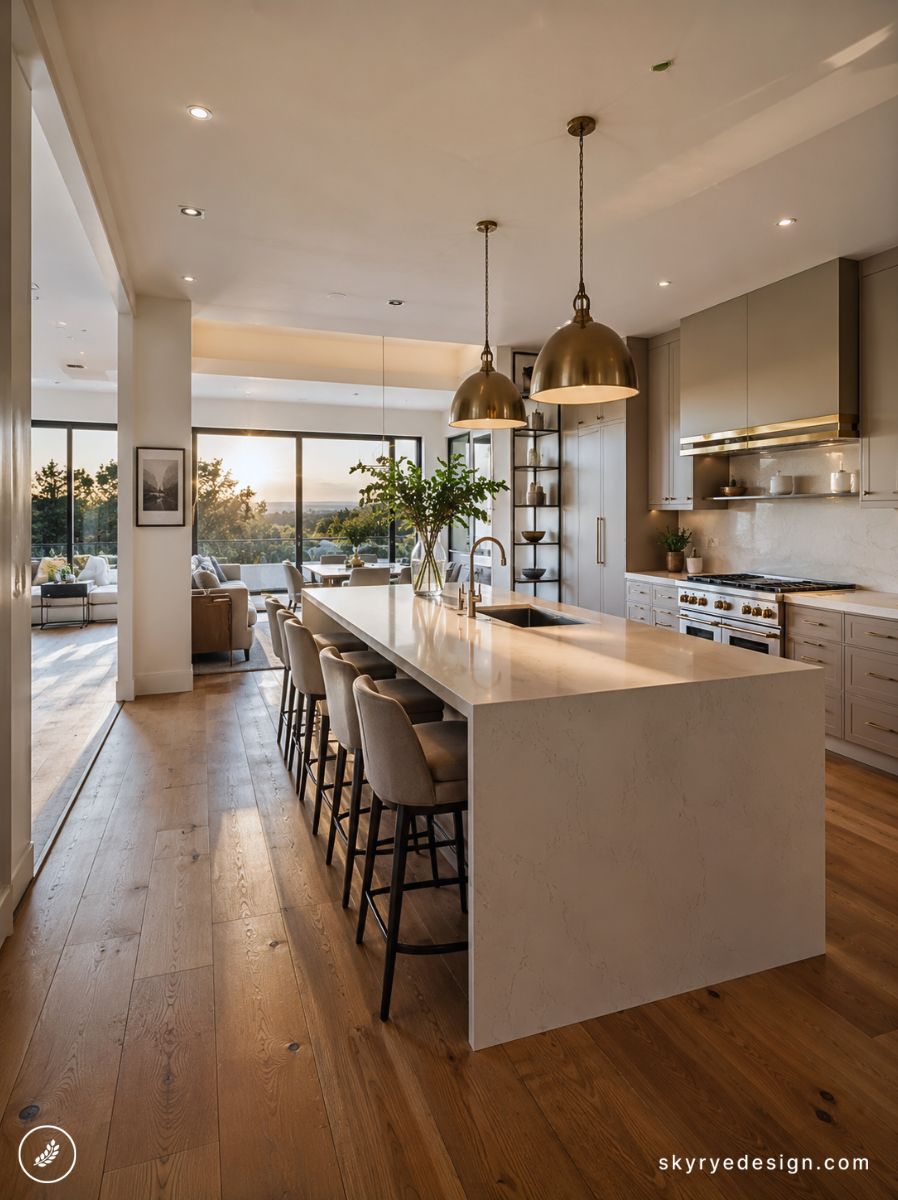 architecture-floor-plan - 2026-06-02T135849548 Luxury open-concept kitchen with large marble island, brass pendant lights, six bar stools and hardwood floors | Sky Rye Design Luxury open-concept kitchen with large marble island, brass pendant lights, six bar stools and hardwood floors