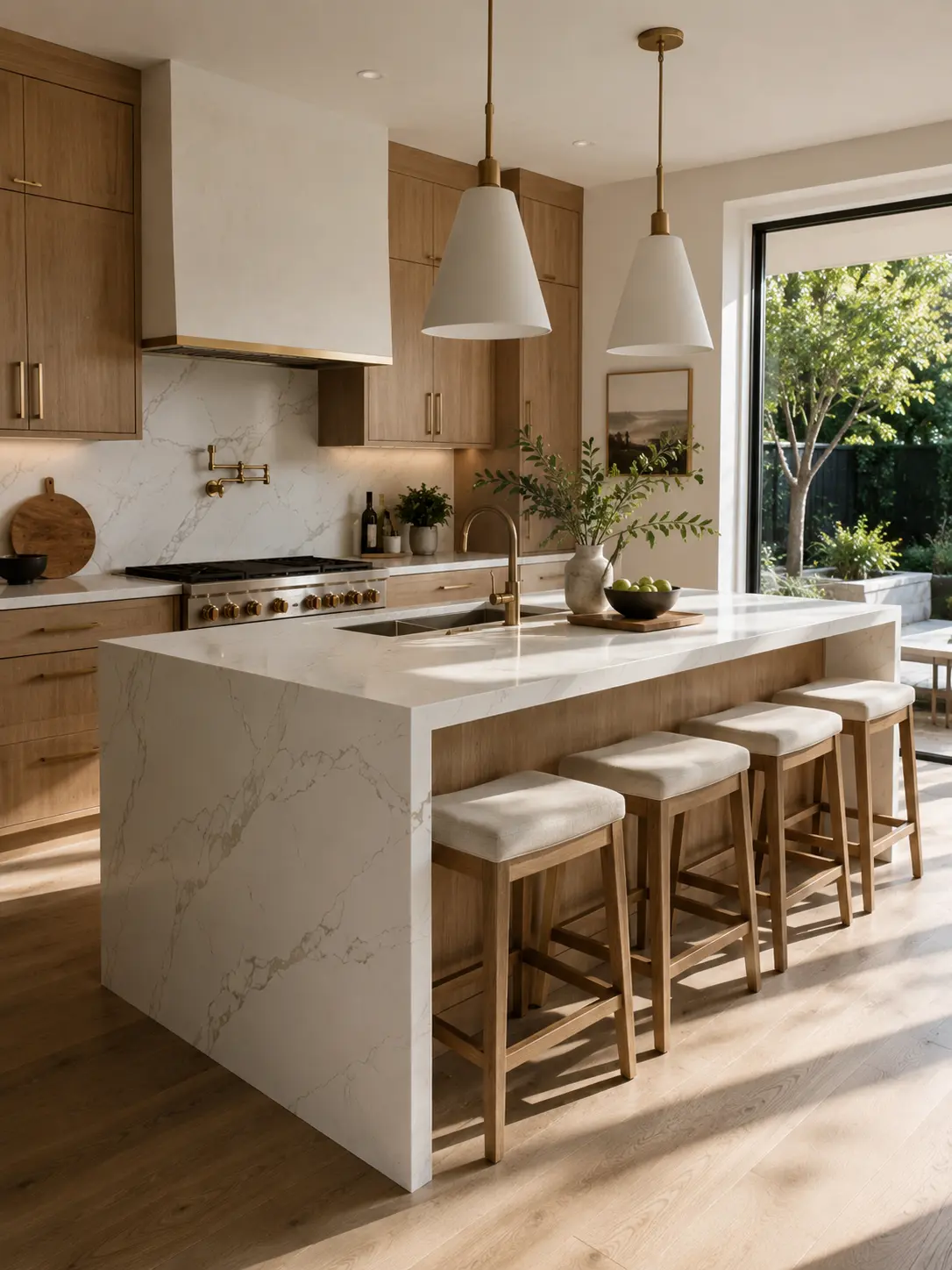 kitchen-materials-2 Modern open-concept kitchen with marble waterfall island, wood bar stools and pendant lights beside sliding door to garden. | Sky Rye Design Modern open-concept kitchen with marble waterfall island, wood bar stools and pendant lights beside sliding door to garden.