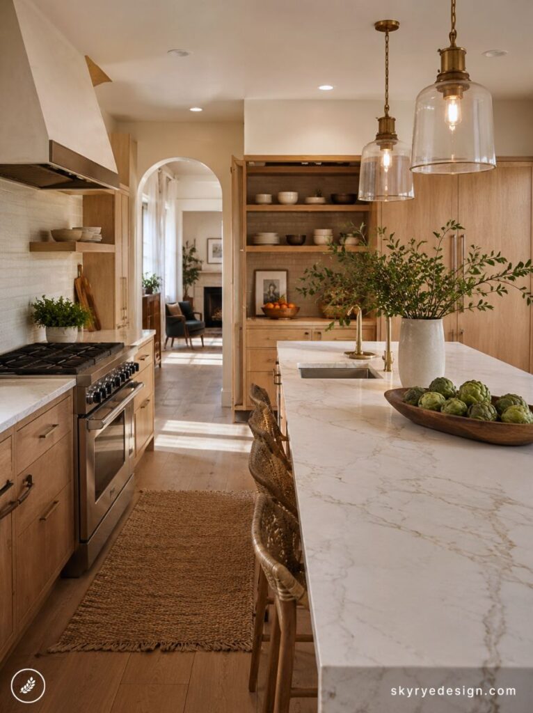 architecture-floor-plan - 2026-06-02T140043758 Sunlit modern kitchen with marble island, wood cabinetry, brass pendant lights, woven bar stools and greenery. | Sky Rye Design Sunlit modern kitchen with marble island, wood cabinetry, brass pendant lights, woven bar stools and greenery.