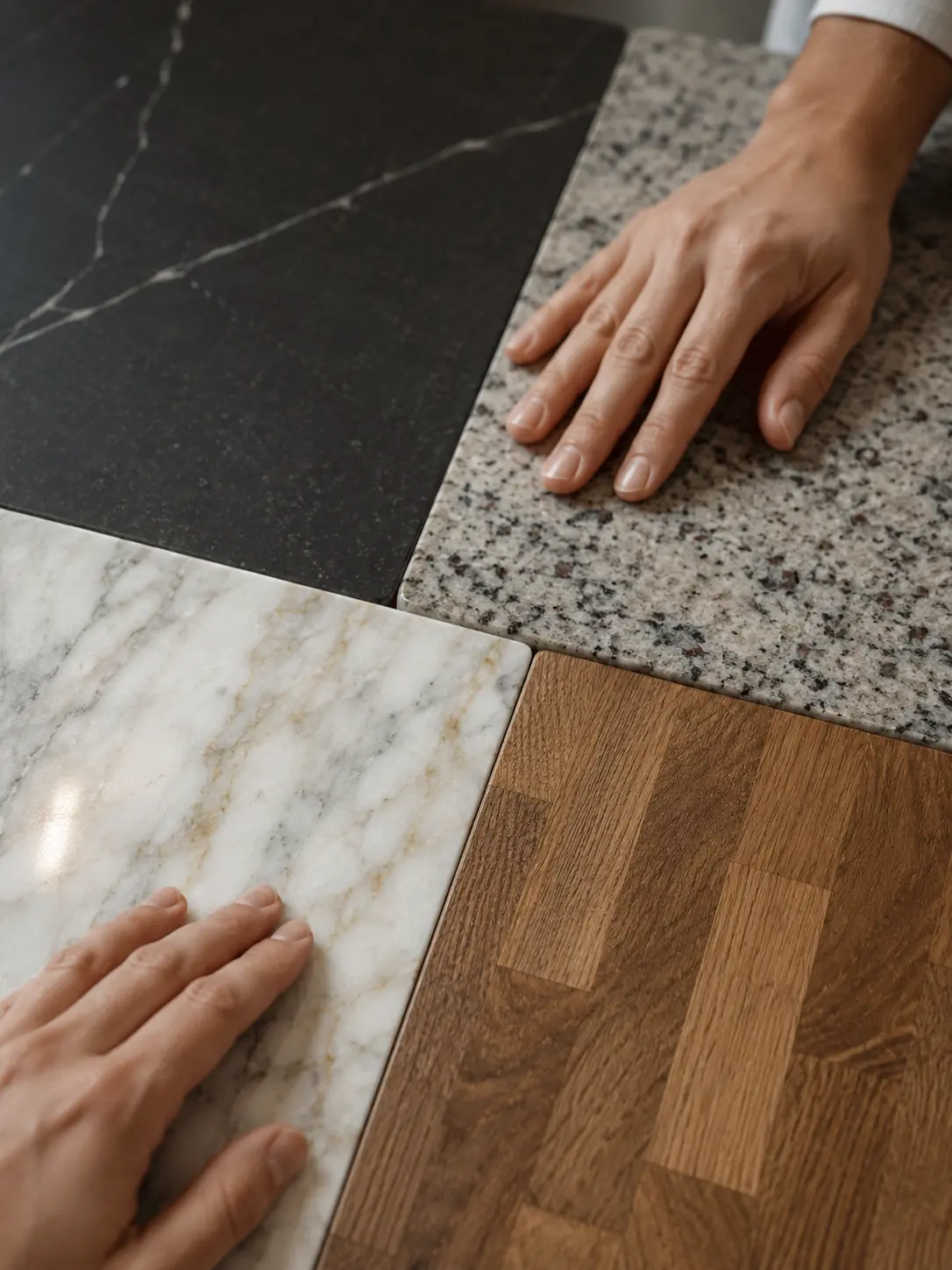 kitchen-materials-3 Kitchen countertop samples: hands comparing black marble, gray granite, white marble and oak butcher block wood | Sky Rye Design Kitchen countertop samples: hands comparing black marble, gray granite, white marble and oak butcher block wood