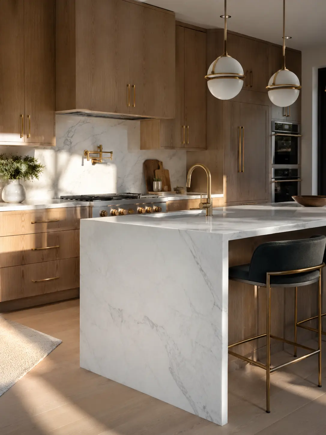 426c18c5-9d99-4dfa-aae7-7c655514fa71 Modern kitchen with white marble waterfall island, light wood cabinets, brass fixtures and pendant lights | Sky Rye Design Modern kitchen with white marble waterfall island, light wood cabinets, brass fixtures and pendant lights
