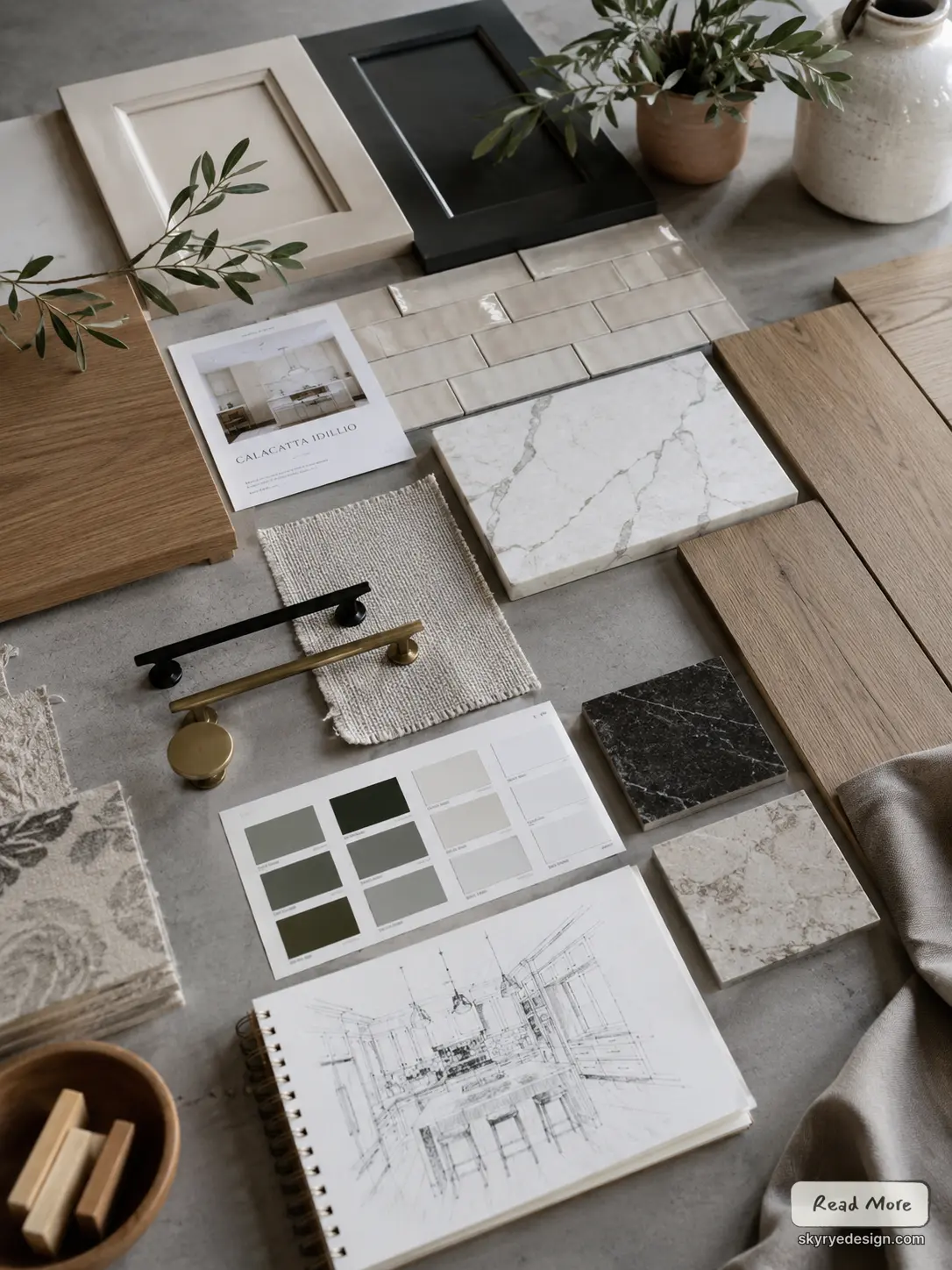 kitchen-materials-4 Kitchen design mood board: wood flooring planks, marble tile samples, paint swatches, cabinet frames and hardware | Sky Rye Design Kitchen design mood board: wood flooring planks, marble tile samples, paint swatches, cabinet frames and hardware