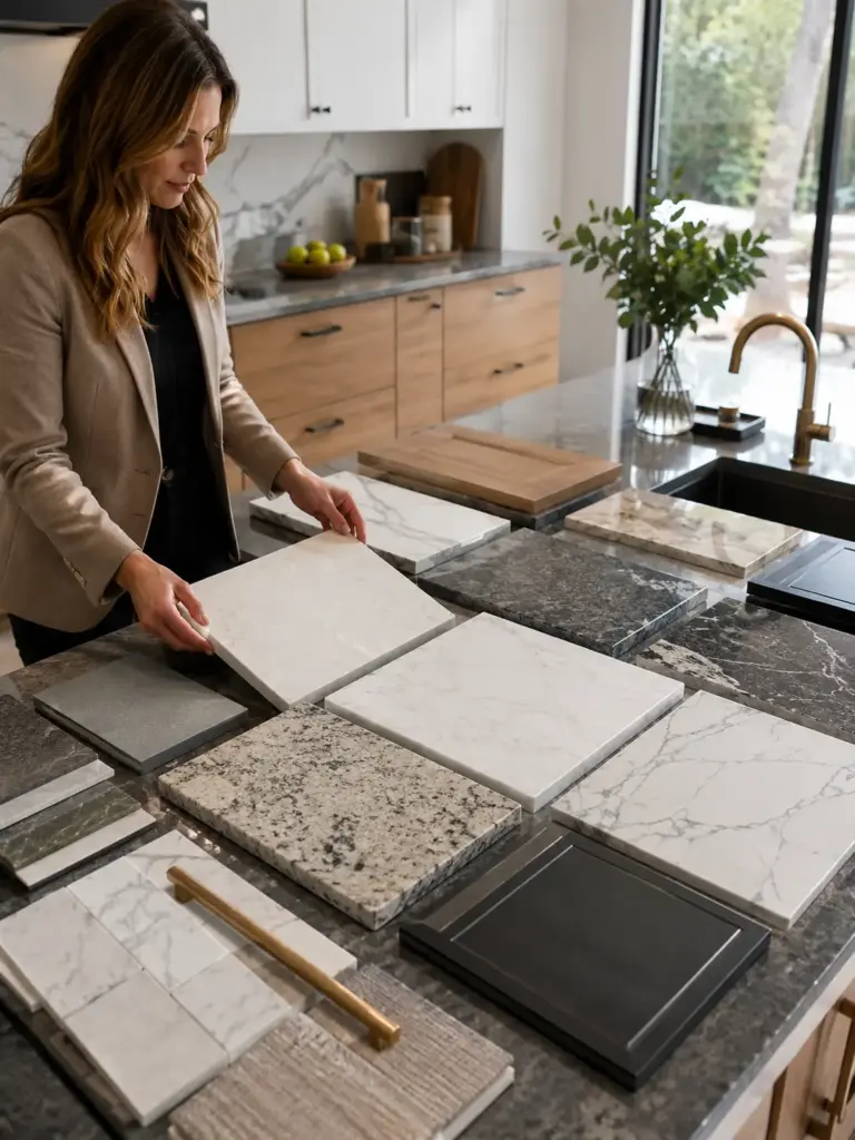 kitchen-materials Woman in a beige blazer selecting marble countertop samples on a modern kitchen island. | Sky Rye Design Woman in a beige blazer selecting marble countertop samples on a modern kitchen island.