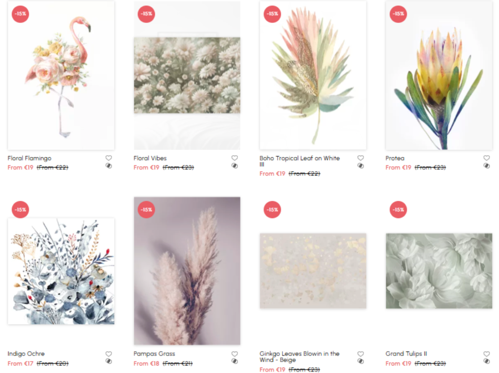 Art prints on sale: floral flamingo, boho leaf, protea, pampas grass, and more, each with a 15% discount.