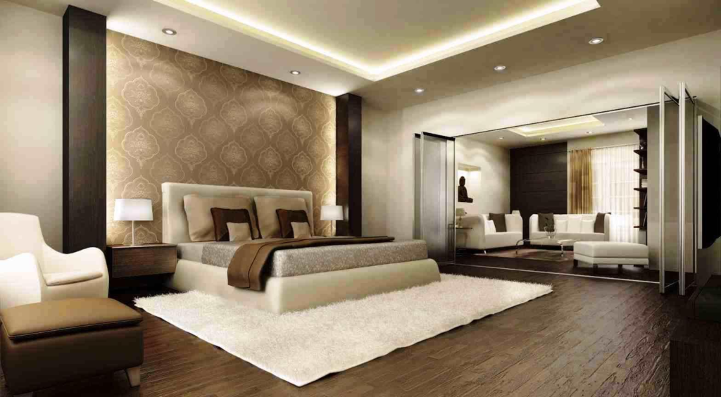 Luxurious modern bedroom with elegant decor, large bed, soft lighting, and cozy seating area.