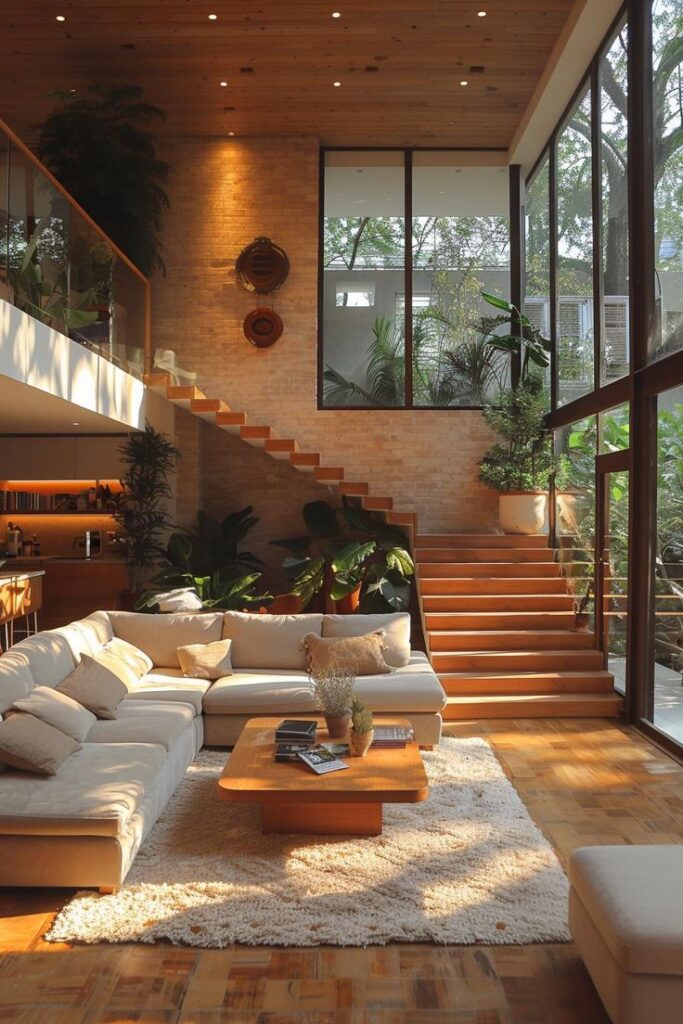 Spacious modern living room with cozy sofa, wooden floors, large windows, and indoor plants by the staircase.