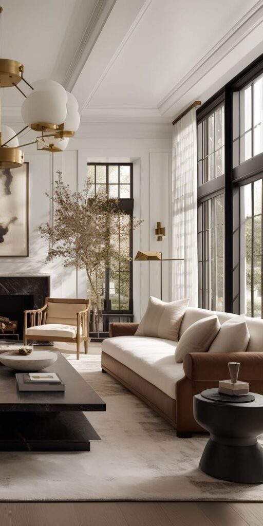 Elegant modern living room with large windows, neutral colors, and stylish furniture.