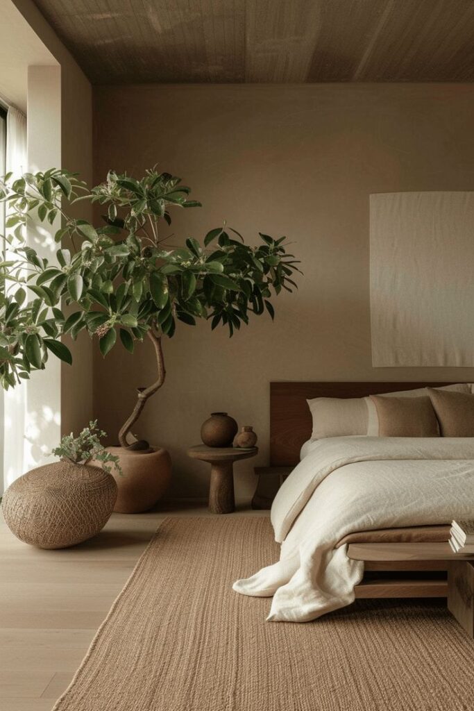 Minimalist bedroom with earthy tones, large potted plant, wooden bed, and woven decor, sunlight streaming in.