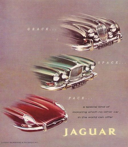 Vintage Jaguar car advertisement highlighting grace, space, pace with classic car front views, promoting luxury.