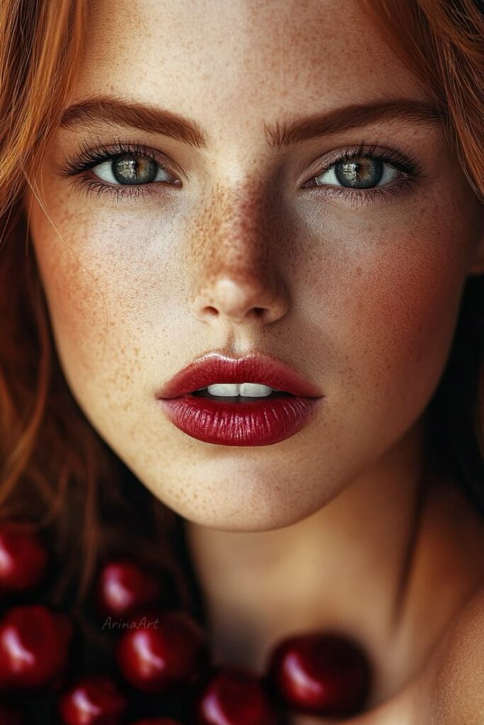 Close-up portrait of a woman with red hair, freckles, and deep red lipstick surrounded by cherries.