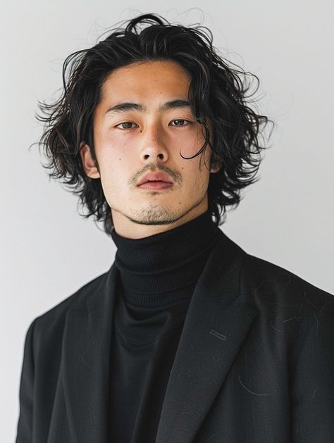 Portrait of a man with long, curly hair wearing a black turtleneck and blazer against a neutral background.