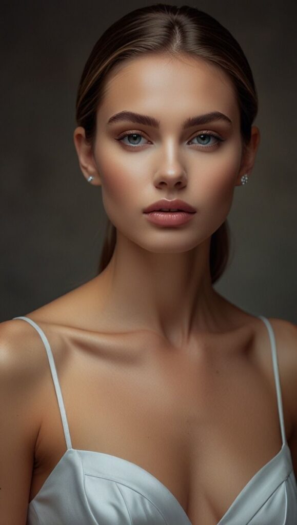 Portrait of a woman with elegant makeup and a white dress, gazing softly at the camera.