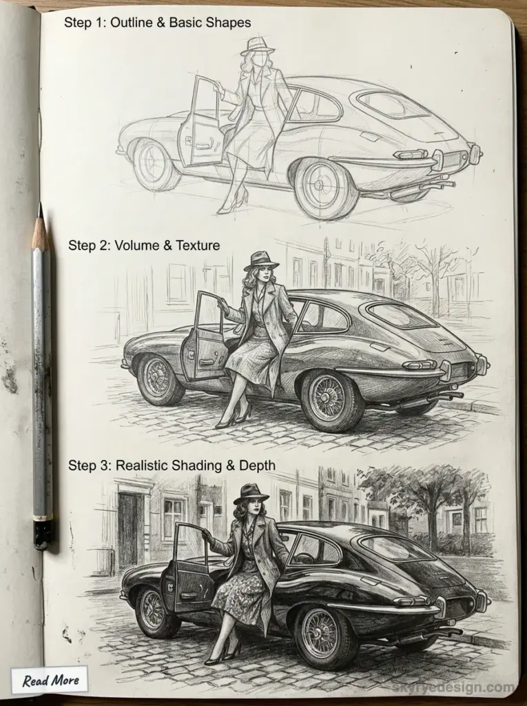 Drawing tutorial: three steps to sketch a woman in a vintage car using outlines, textures, and realistic shading techniques.