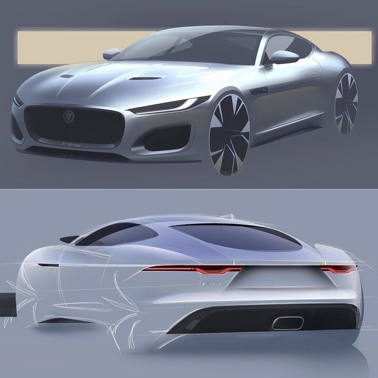 Sleek silver sports car concept design, showcasing front and rear views with aerodynamic lines and stylish features.