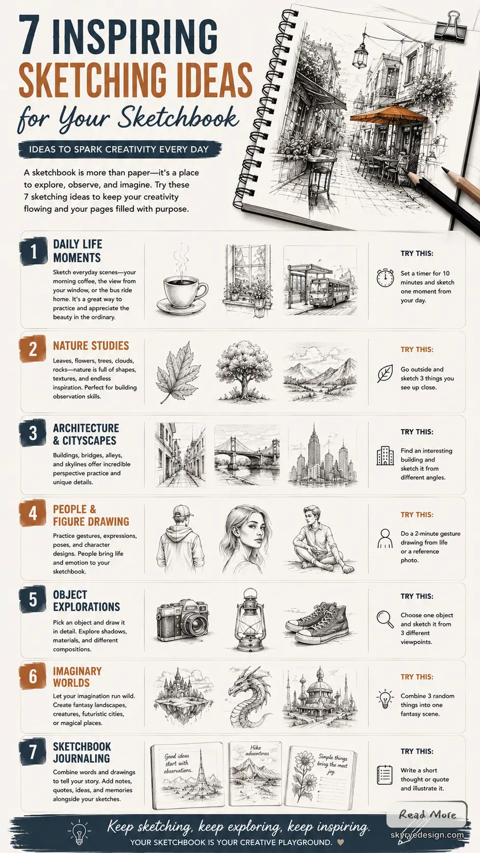 7e1c1ca9-3dbf-4cf5-8494-77a68f9573ad Infographic listing 7 sketching ideas with sample sketches: daily life moments, nature studies, architecture and cityscapes, people and figures, object explorations, imaginary worlds, and sketchbook journaling. | Sky Rye Design Infographic listing 7 sketching ideas with sample sketches: daily life moments, nature studies, architecture and cityscapes, people and figures, object explorations, imaginary worlds, and sketchbook journaling.