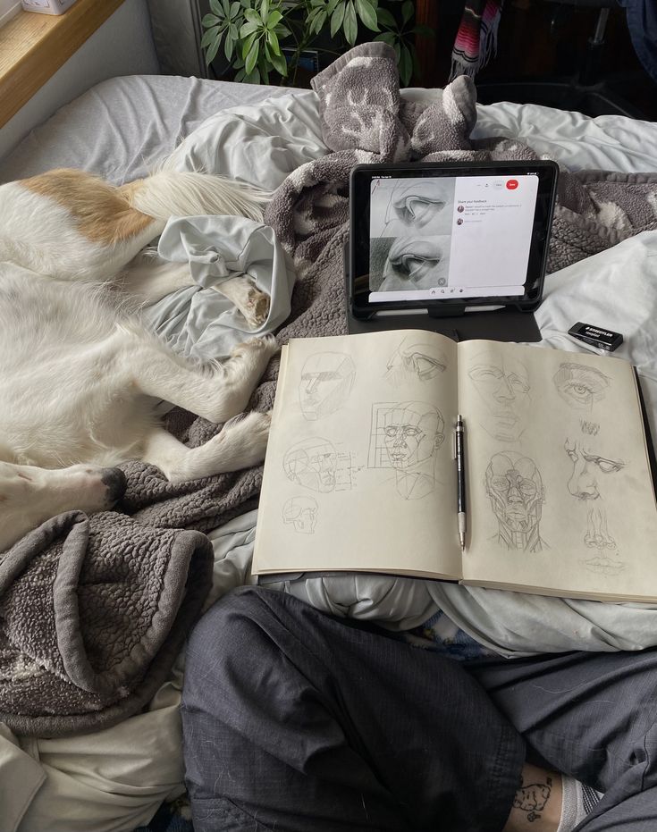 Dog sleeping next to sketchbook filled with pencil drawings of faces, with a tablet displaying similar art. Cozy workspace.