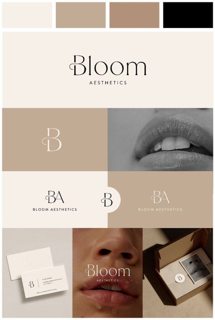 Bloom Aesthetics branding with logo, business cards, and packaging in neutral tones, featuring close-up facial imagery.