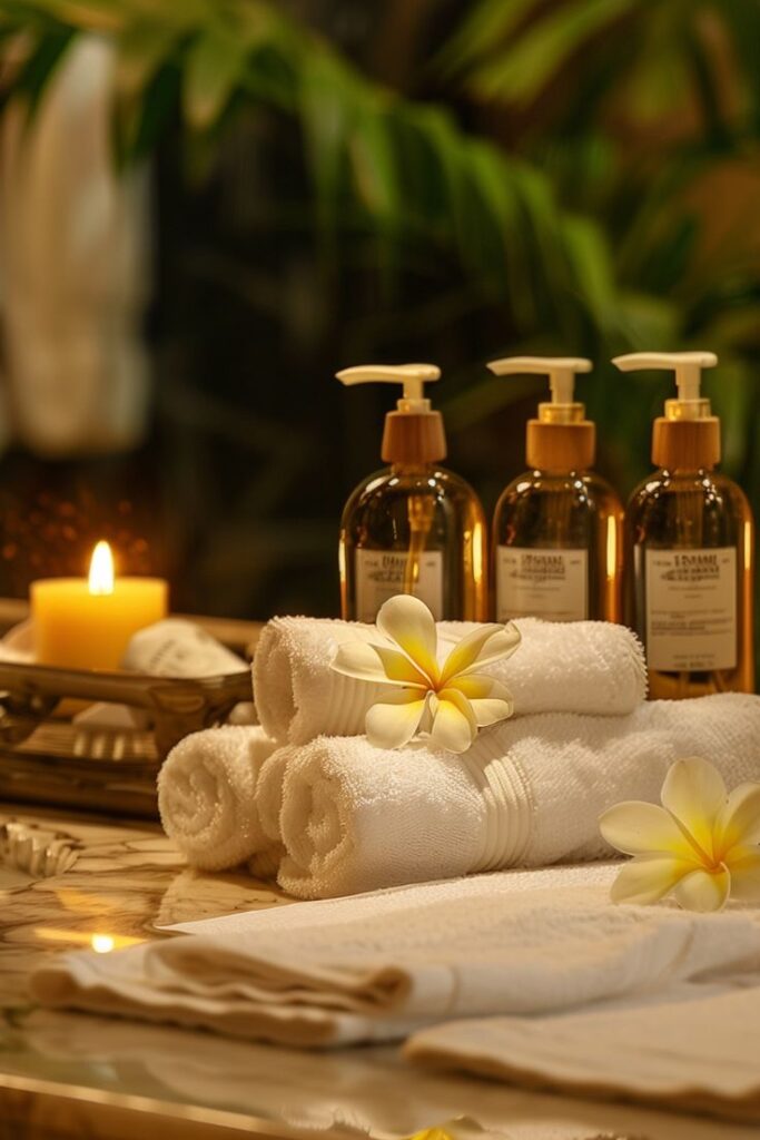 Luxurious spa setting with candles, rolled towels, and skincare bottles on a serene, relaxing marble surface.