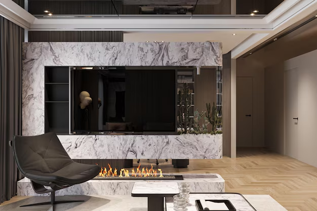 Modern living room with marble fireplace, sleek black chair, and wall-mounted TV, creating a stylish ambiance.