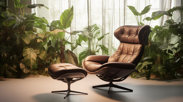 Luxury leather lounge chair with ottoman in sunlit room, surrounded by lush green plants.