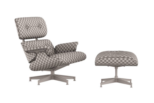 Checkered modern lounge chair with matching ottoman on white background. Ideal for stylish home or office decor.