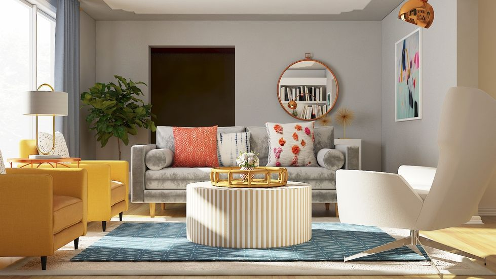 Modern living room with colorful pillows, stylish furniture, vibrant art, and cozy decor elements.