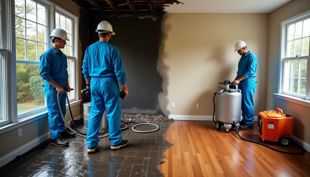 Workers in blue uniforms and helmets restoring a hardwood floor with industrial equipment in a partially renovated room.