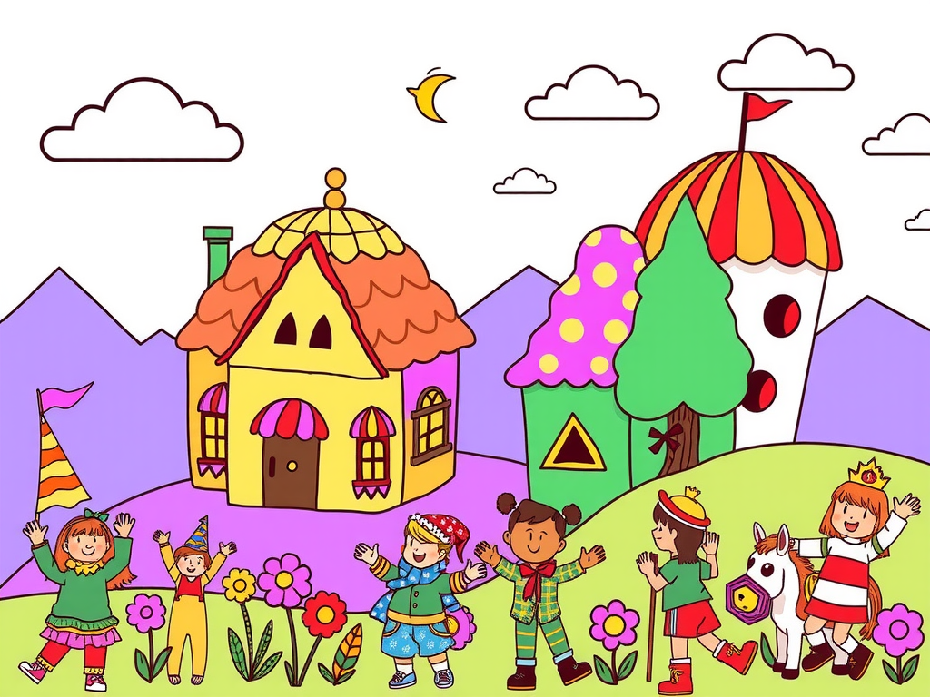 Children in colorful costumes playing in a whimsical fairytale village with bright houses and flowers.