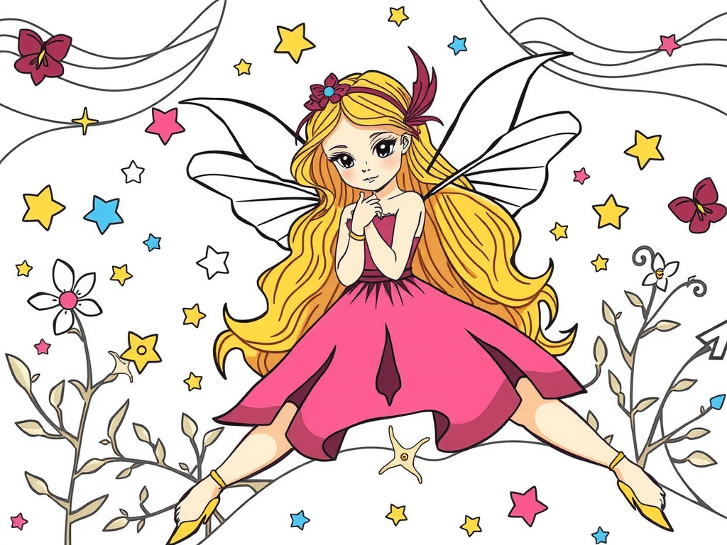 Illustration of a fairy with long hair and wings in a pink dress surrounded by stars and flowers.