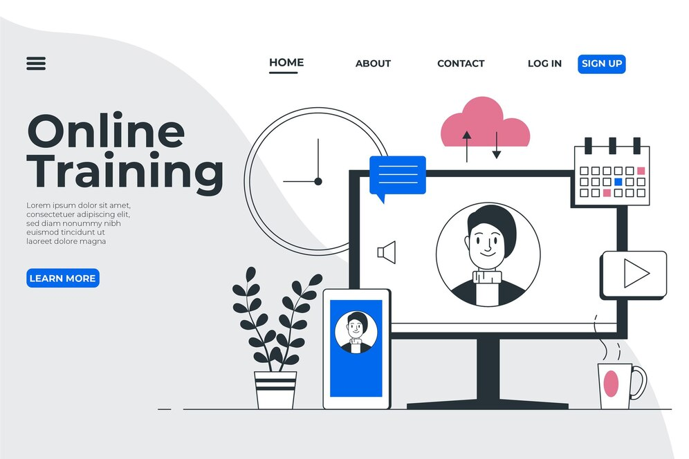 Online training illustration with computer, phone, clock, calendar, mug, and cloud for digital learning platforms.