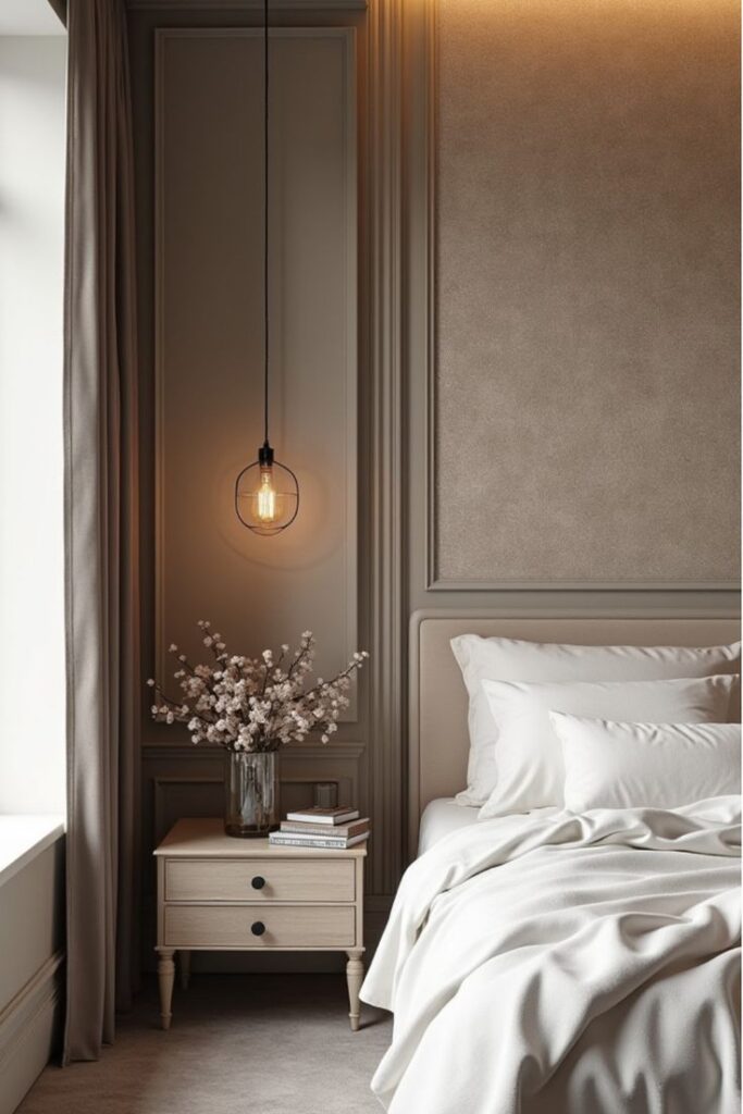 Modern bedroom with cozy white bedding, soft lighting, bedside table, and decorative flowers in a vase.