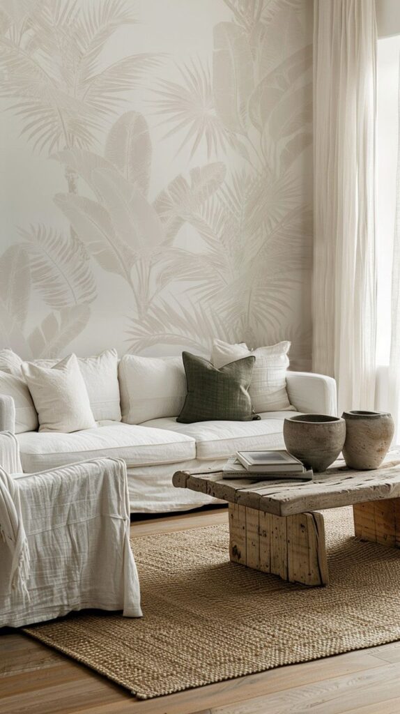 Cozy living room with white sofa, green pillow, rustic wooden table, and tropical wallpaper. Earthy decor vibes.