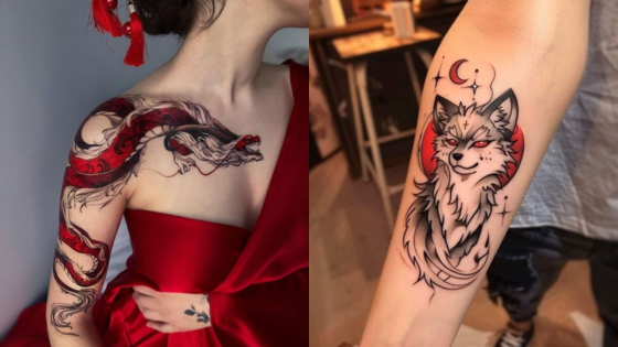 Red and black dragon tattoo on shoulder, fox tattoo on arm with moon design. Bold, artistic body art.