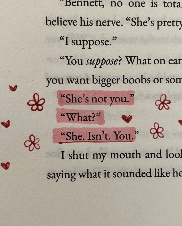 Highlighted book quote: She's not you... She. Isn't. You. Surrounded by doodled hearts and flowers.