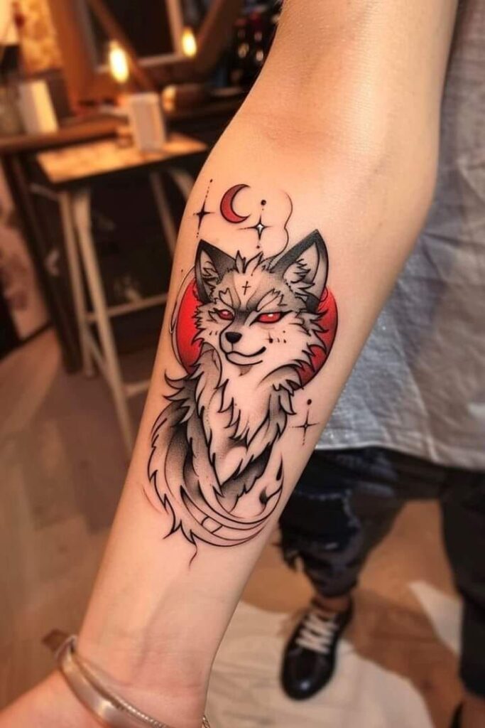 Wolf tattoo with red eyes and crescent moon on forearm, blending art and mystery.