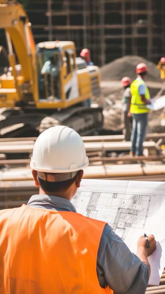 Construction site with engineer in hard hat reviewing building plans, surrounded by workers and machinery.