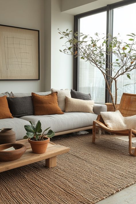 Modern living room with beige sofa, earth-toned pillows, wooden accents, and a large plant by the window.