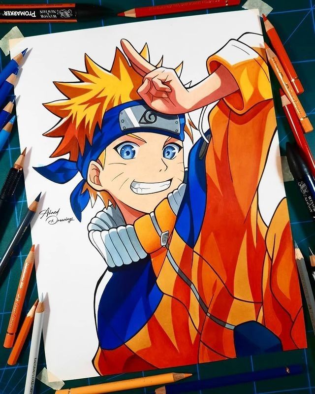 Colorful anime drawing of a character with spiky hair and a headband, surrounded by pencils on a table.