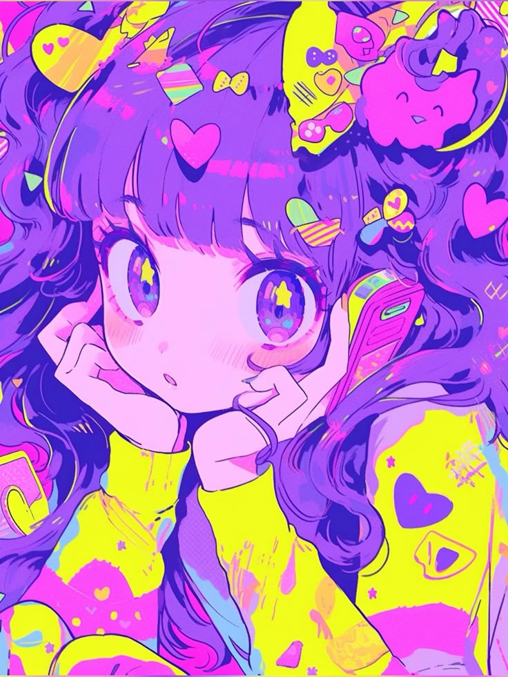 Colorful anime-style girl with vibrant hair and heart motifs, wearing a bright, playful outfit.