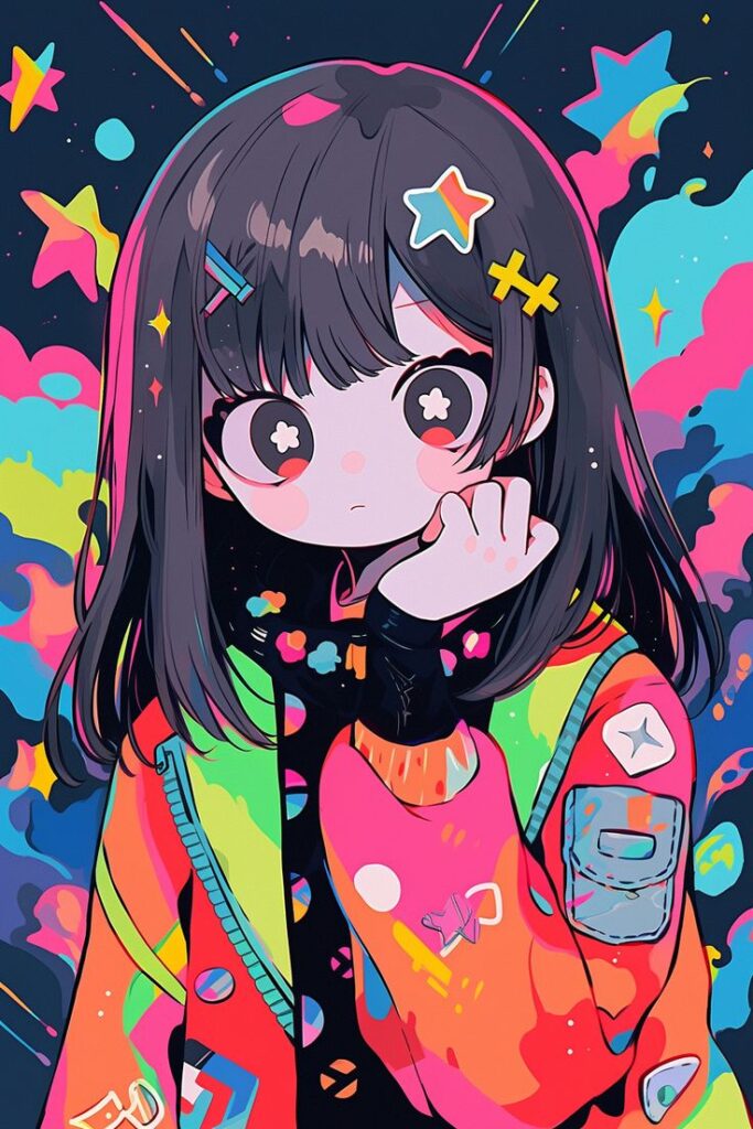 Colorful anime illustration of a girl with stars, vibrant jacket, and whimsical background. Kawaii art style.