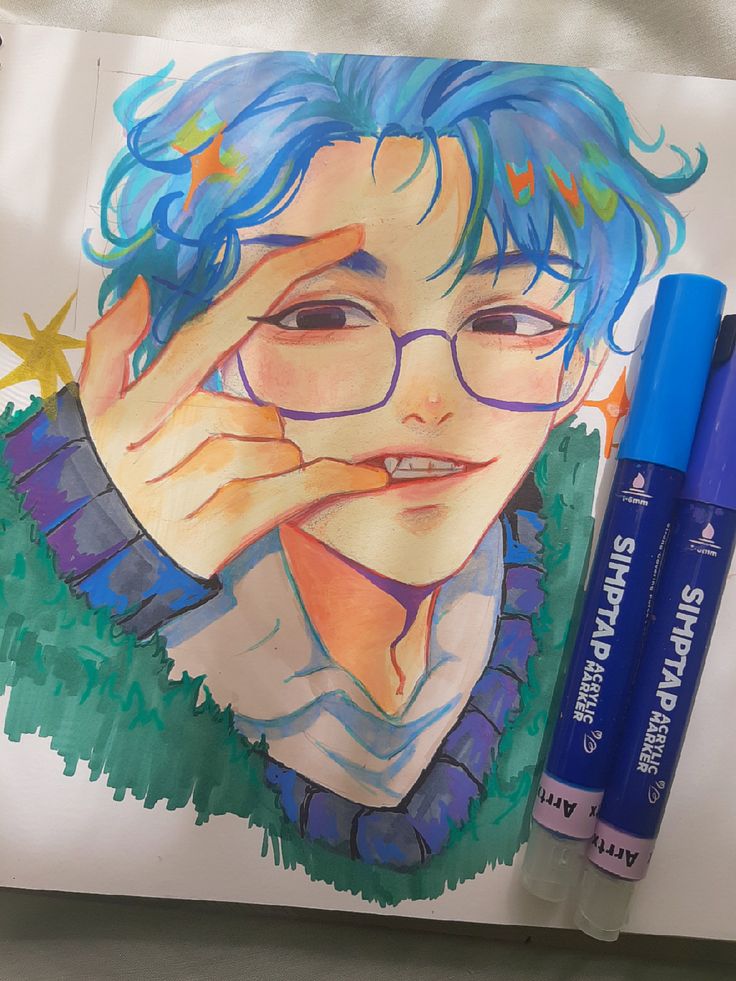 Colorful anime drawing with blue-haired character and markers.