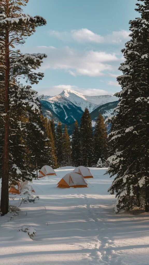 Snowy campsite with orange tents nestled in a pine forest with a mountain view under a clear blue sky.