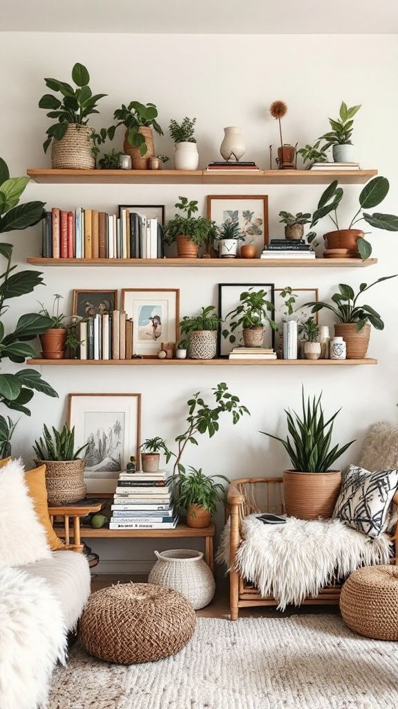 Cozy living room with plants, books, and rattan seating, creating a warm and inviting bohemian atmosphere.