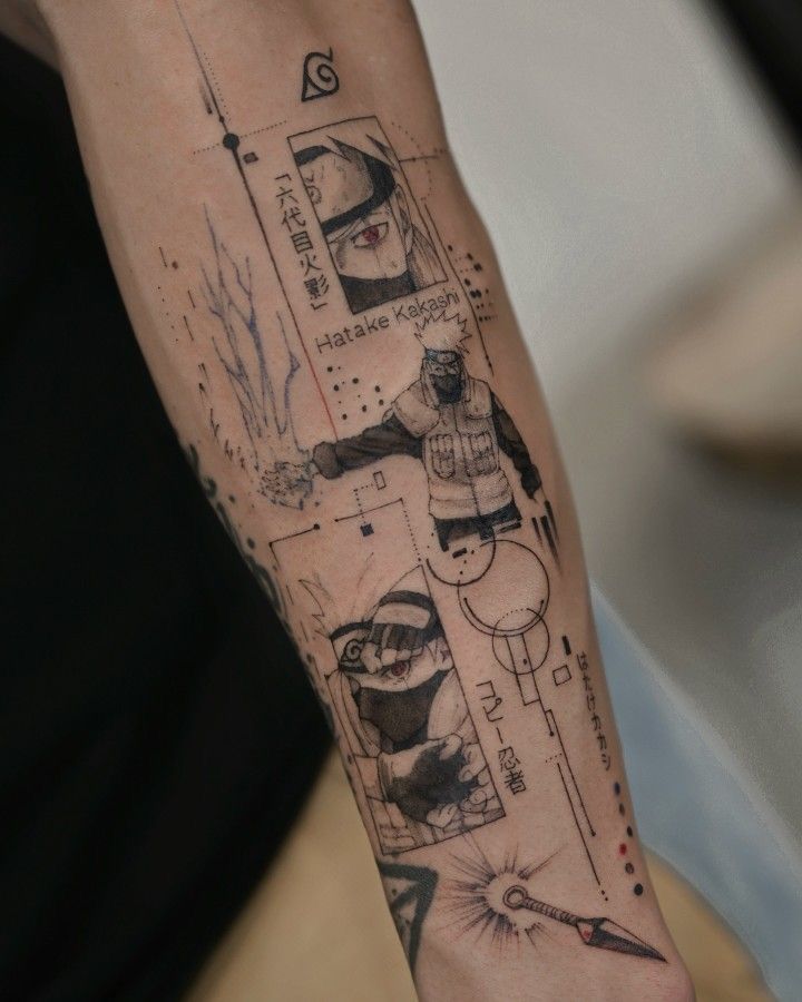 Anime-inspired forearm tattoo featuring detailed manga-style designs, including a ninja and Japanese characters.