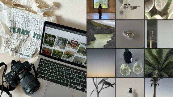 Laptop, camera, tote bag, and an Instagram grid showcasing nature and art inspiration.