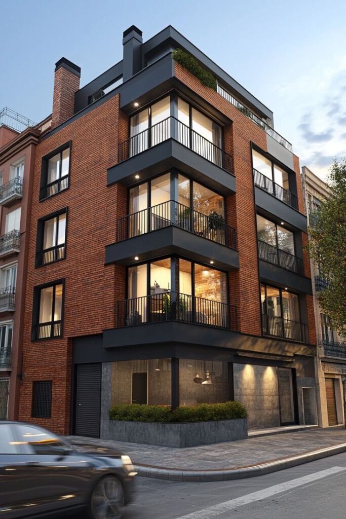 Modern brick apartment building with balconies and street view at dusk.