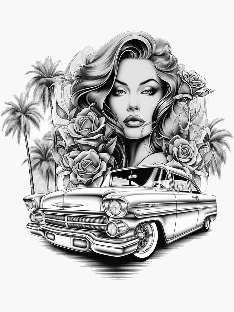 Vintage car with woman, roses, and palm trees in detailed grayscale illustration. Retro art style scene.