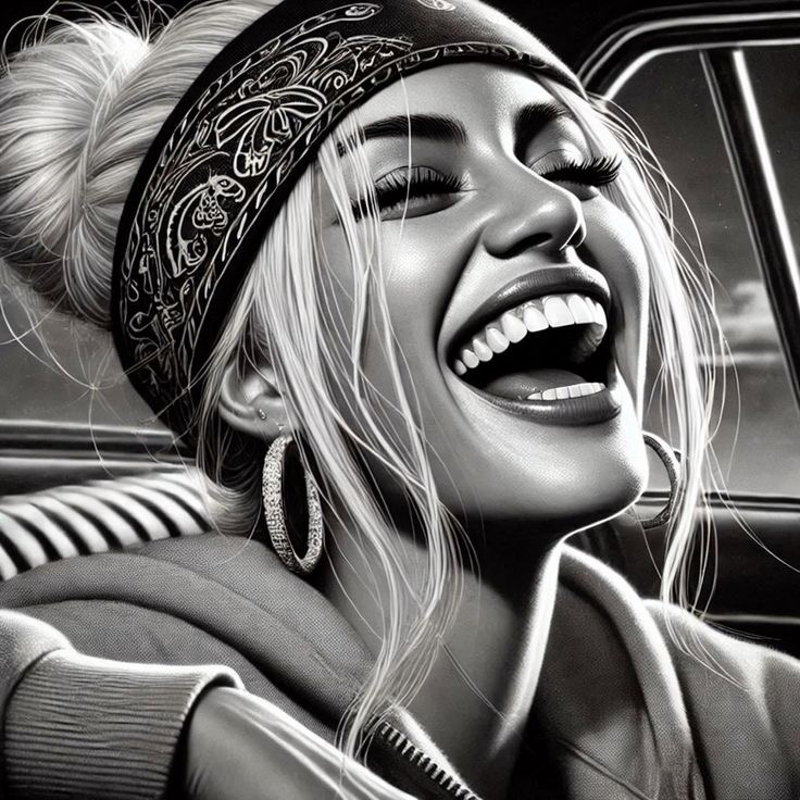 Smiling woman with headband and hoop earrings, black and white portrait, joyfully sitting in a car.