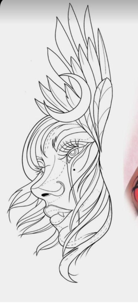 Line art of a woman's profile with flowing hair and feather headdress, featuring crescent moon accents.